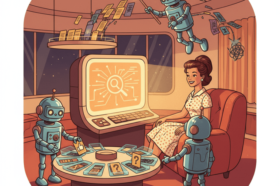 Retro-futurist 1950s-style illustration of an ordinary person using a glowing search machine while friendly robot librarians filter out misleading pages, optimistic comic-book style with no text, captions, signage or speech bubbles.