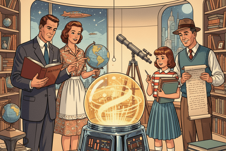 Retro-futurist 1950s-style illustration of a family and student using a glowing question machine while checking books, notes and a telescope, optimistic comic-book style with no text, captions, signage or speech bubbles.