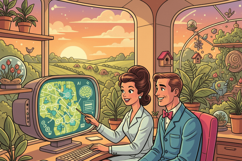Retro-futurist 1950s-style illustration of conservation researchers using satellite maps and a friendly computer to study garden and countryside habitats, optimistic comic-book style with no text, captions, signage or speech bubbles.