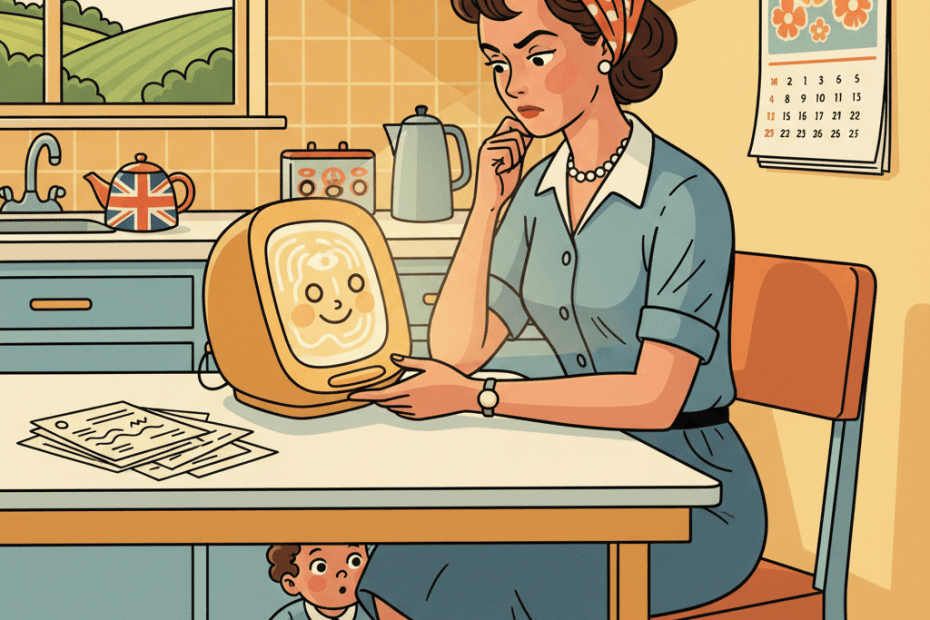 Retro-futurist 1950s-style illustration of a UK voter comparing a glowing home computer screen with official paper election information, optimistic comic-book style with no text, captions, signage or speech bubbles.