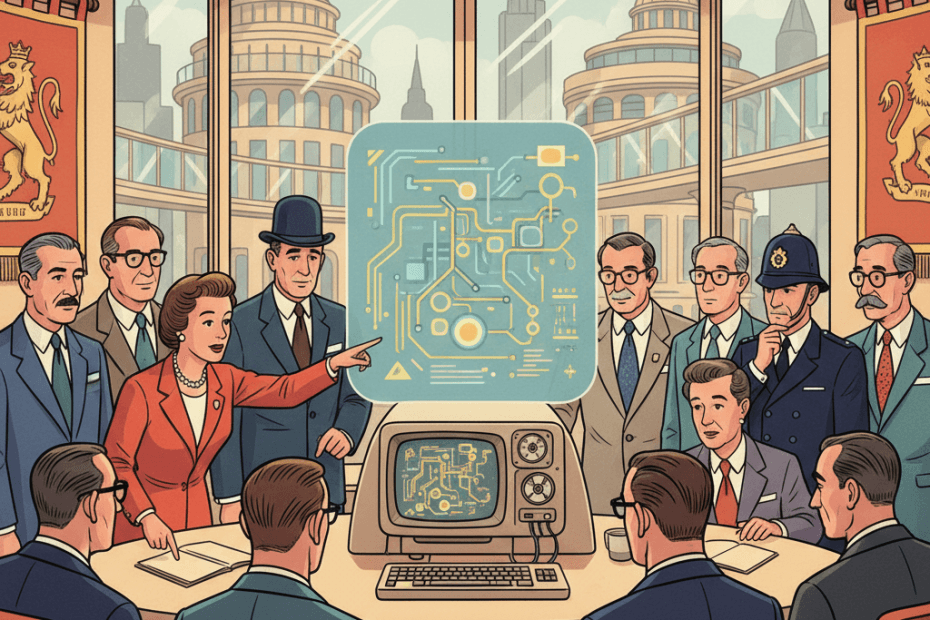 Retro-futurist 1950s-style illustration of civic officials reviewing a glowing computer system for public safety, with balanced privacy and oversight cues, optimistic comic-book style with no text, captions, signage or speech bubbles.