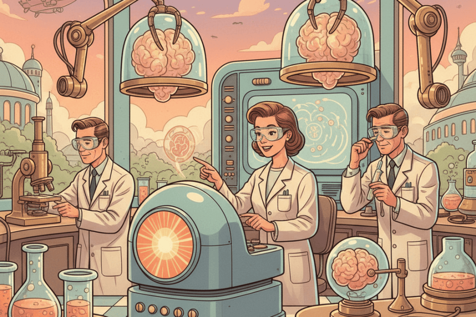 Retro-futurist 1950s-style illustration of scientists using a friendly computer and lab equipment to study brain cells and medicine research, optimistic comic-book style with no text, captions, signage or speech bubbles.