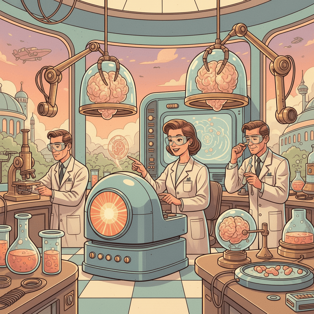 Retro-futurist 1950s-style illustration of scientists using a friendly computer and lab equipment to study brain cells and medicine research, optimistic comic-book style with no text, captions, signage or speech bubbles.