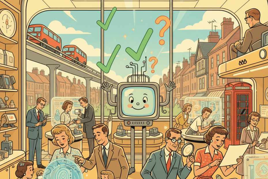Retro-futurist 1950s-style illustration of shoppers and office workers inspecting products labelled by a glowing computer, with sceptical but calm expressions, optimistic comic-book style with no text, captions, signage or speech bubbles.