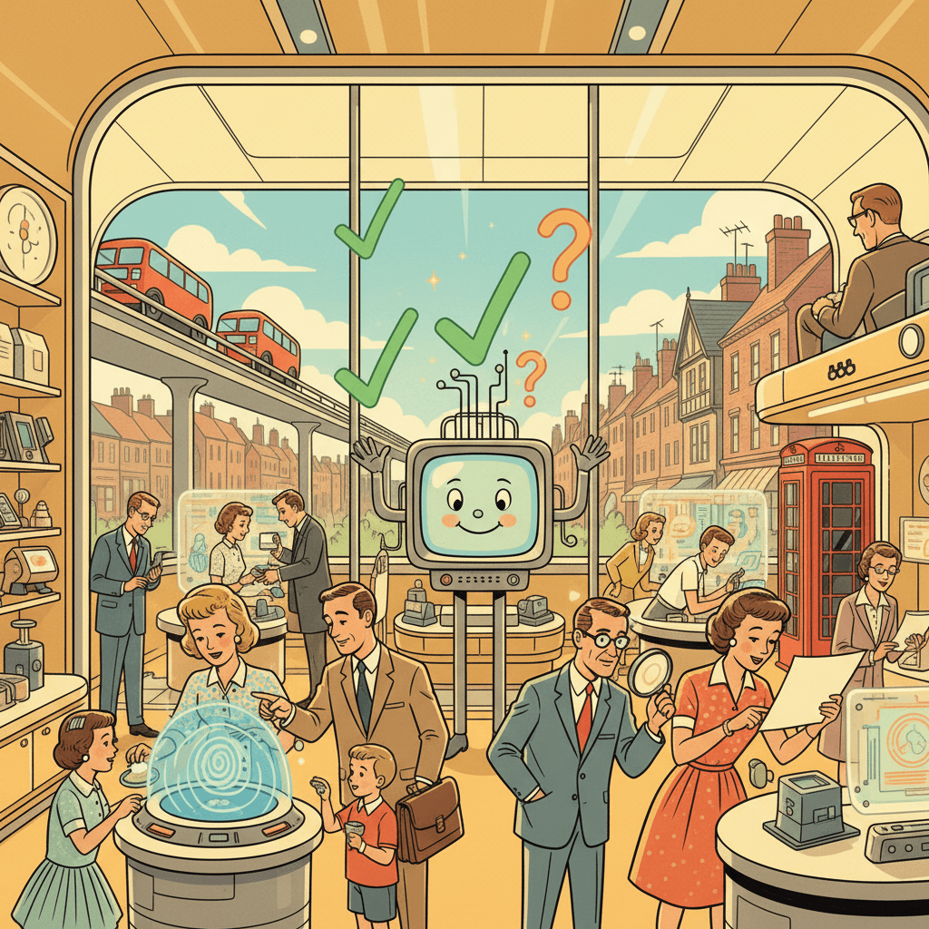 Retro-futurist 1950s-style illustration of shoppers and office workers inspecting products labelled by a glowing computer, with sceptical but calm expressions, optimistic comic-book style with no text, captions, signage or speech bubbles.