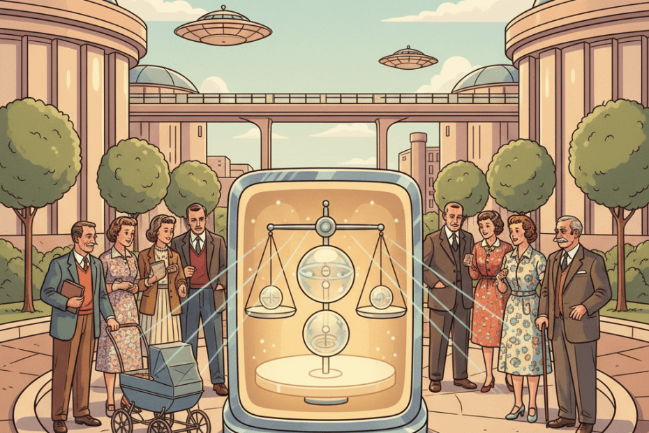 Retro-futurist 1950s-style illustration of diverse people gathered around a glowing computer while civic and ethical questions are weighed carefully, optimistic comic-book style with no text, captions, signage or speech bubbles.