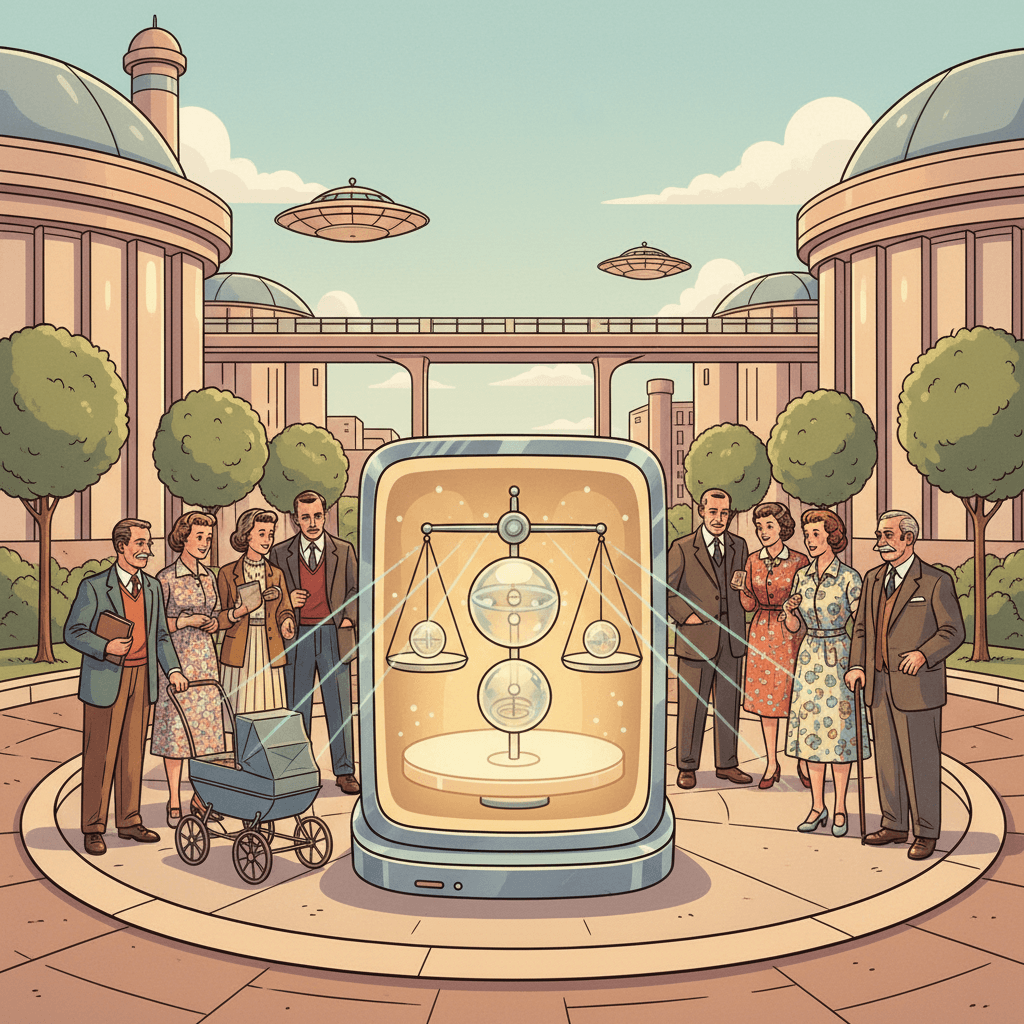 Retro-futurist 1950s-style illustration of diverse people gathered around a glowing computer while civic and ethical questions are weighed carefully, optimistic comic-book style with no text, captions, signage or speech bubbles.
