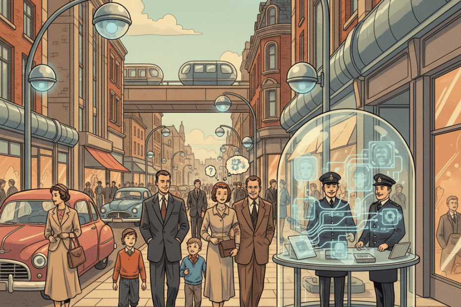 Retro-futurist 1950s-style illustration of a British high street with friendly-looking cameras, shoppers, a police noticeboard and a thoughtful family discussing privacy, optimistic comic-book magazine style, no text, no speech bubbles, no captions, no signage.