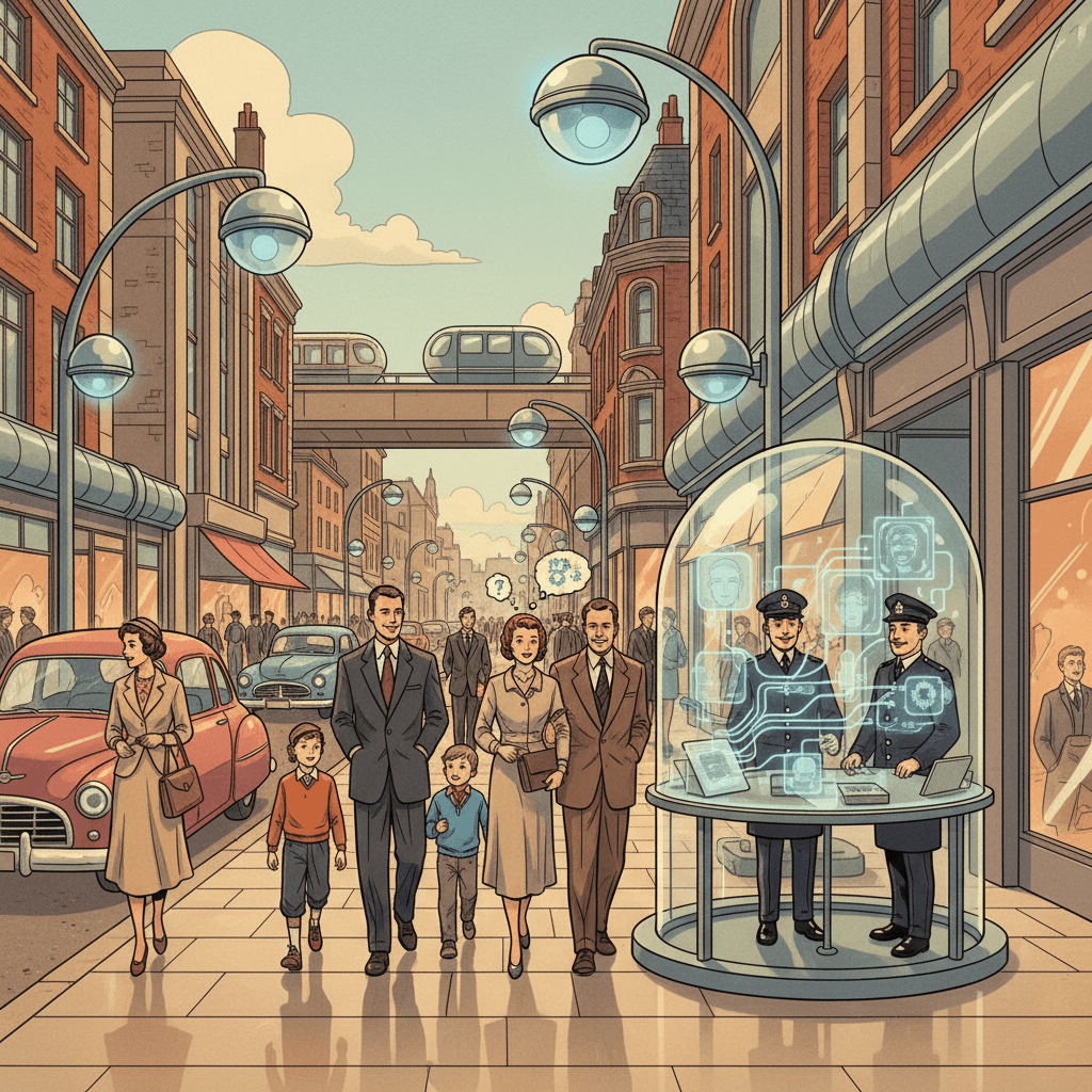 Retro-futurist 1950s-style illustration of a British high street with friendly-looking cameras, shoppers, a police noticeboard and a thoughtful family discussing privacy, optimistic comic-book magazine style, no text, no speech bubbles, no captions, no signage.