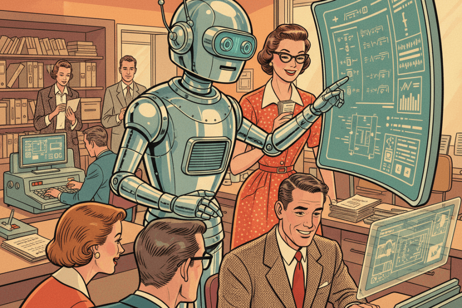 Retro-futurist 1950s-style illustration of UK office workers calmly studying a glowing workplace robot and job noticeboard, optimistic comic-book style with no text, captions, signage or speech bubbles.
