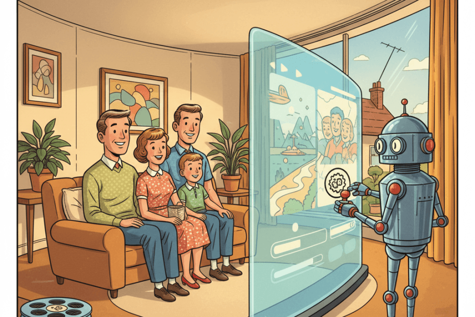 Retro-futurist 1950s-style illustration of a family watching a glowing video screen while a friendly robot clerk stamps film reels as AI-made, optimistic comic-book style with no text, captions, signage or speech bubbles.