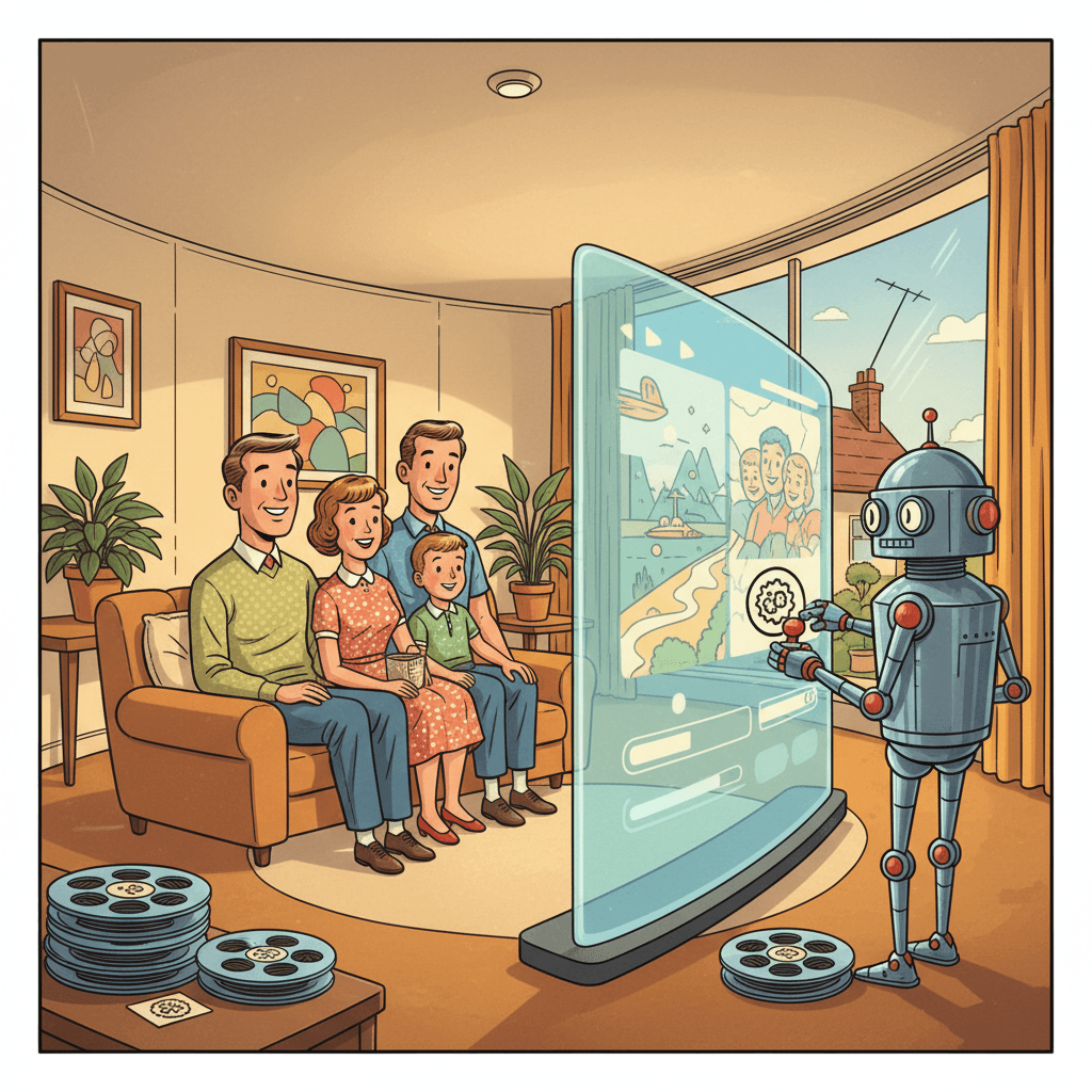 Retro-futurist 1950s-style illustration of a family watching a glowing video screen while a friendly robot clerk stamps film reels as AI-made, optimistic comic-book style with no text, captions, signage or speech bubbles.