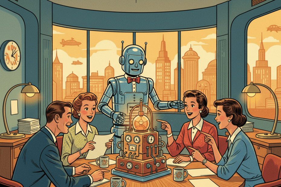 Retro-futurist 1950s-style illustration of office workers and a friendly robot around a meeting table discussing a glowing workplace machine, optimistic comic-book style with no text, captions, signage or speech bubbles.