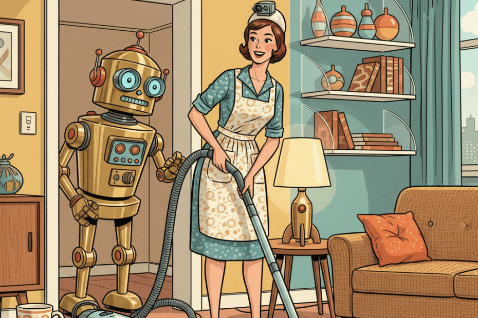 Retro-futurist 1950s-style illustration of a tidy living room where a cleaner wearing a small camera hat works while a friendly household robot studies from the doorway, optimistic comic-book style with no text, captions, signage or speech bubbles.