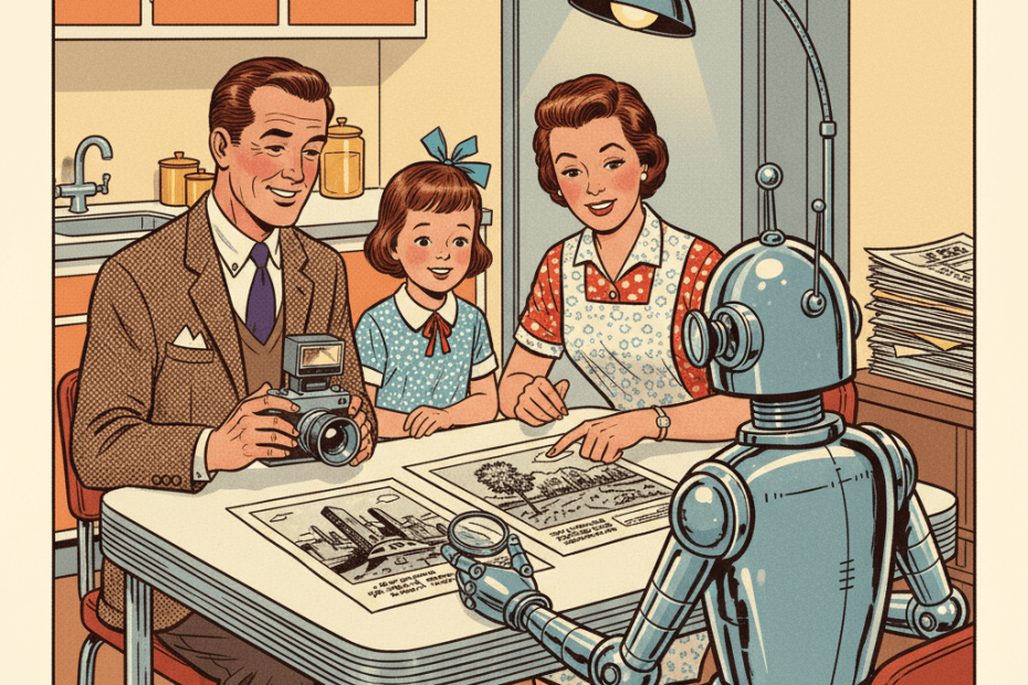 Retro-futurist 1950s-style illustration of a family at a kitchen table examining two newspaper photos with a friendly robot holding a magnifying glass, optimistic comic-book style, no text, captions, signage or speech bubbles.
