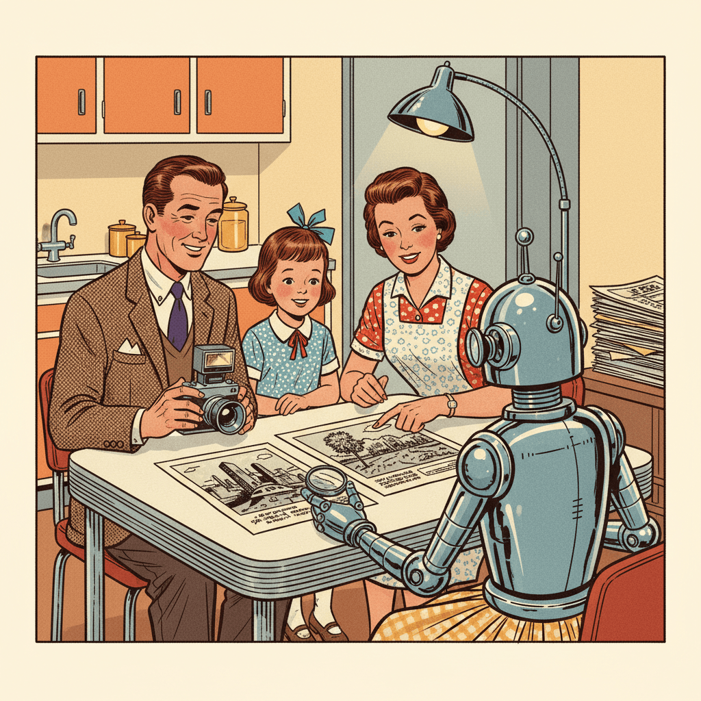Retro-futurist 1950s-style illustration of a family at a kitchen table examining two newspaper photos with a friendly robot holding a magnifying glass, optimistic comic-book style, no text, captions, signage or speech bubbles.