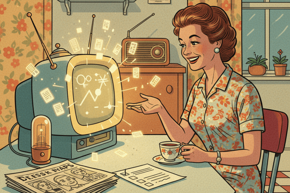 Retro-futurist 1950s-style illustration of a British voter at a kitchen table asking a friendly glowing computer about an election, with newspapers, a radio and a ballot paper nearby, optimistic comic-book magazine style, no text, no speech bubbles, no captions, no signage.