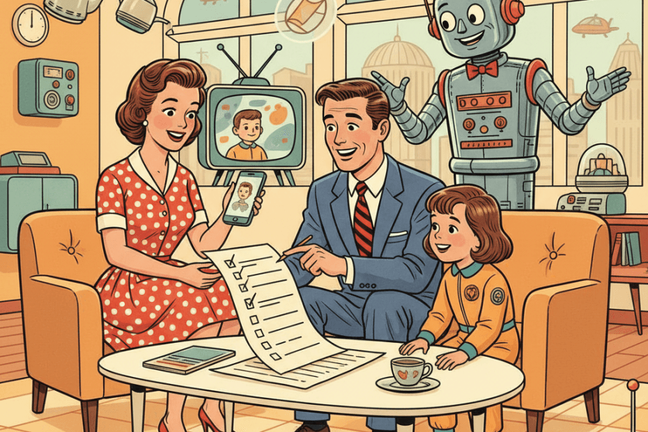 Retro-futurist 1950s-style illustration of a family in a bright living room comparing a shiny smartphone assistant with a practical checklist, optimistic comic-book magazine style, no text, no captions, no signage.