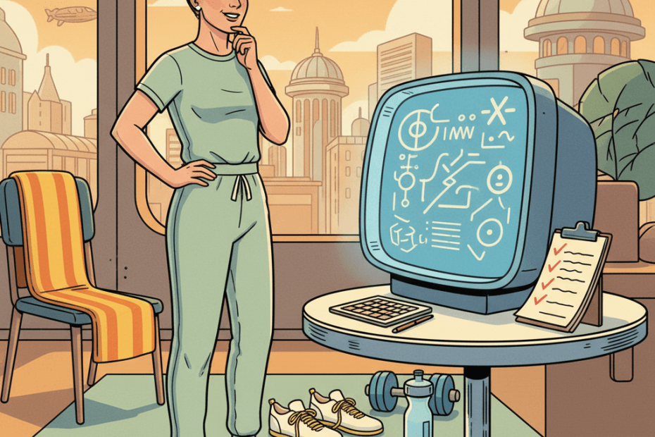 Retro-futurist 1950s-style illustration of a cheerful person checking a workout plan from a friendly home computer while exercising safely with dumbbells and a swimming towel nearby, optimistic comic-book magazine style, no text, no captions, no signage.