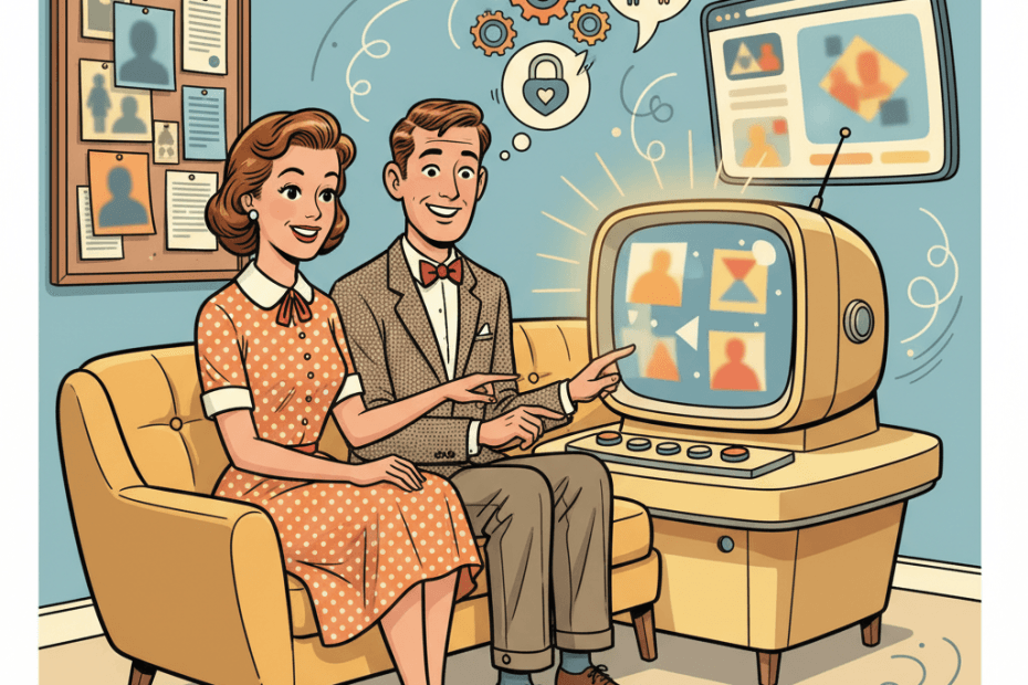 Retro-futurist 1950s-style illustration of a parent and teacher reviewing child photo privacy on a friendly home computer, with school noticeboard images shown as abstract blurred silhouettes, optimistic comic-book magazine style, no text, no captions, no signage.