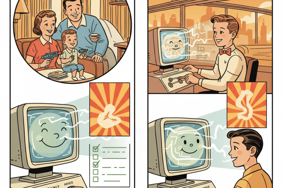 Retro-futurist 1950s-style illustration of a UK household calmly reviewing a clearly separated sponsored card beside a friendly AI assistant on a home computer, with privacy controls shown as abstract dials, optimistic comic-book magazine style, no text or readable signage.
