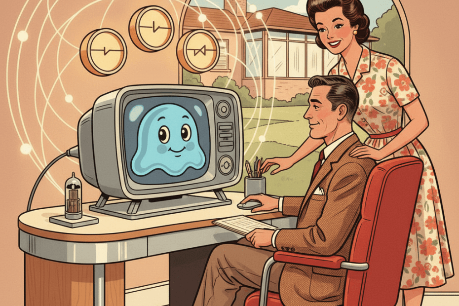 Retro-futurist 1950s-style illustration of a calm person at a home computer choosing a trusted contact for a friendly AI assistant, with privacy controls shown as abstract dials and a supportive friend nearby, optimistic comic-book magazine style, no text or readable signage.
