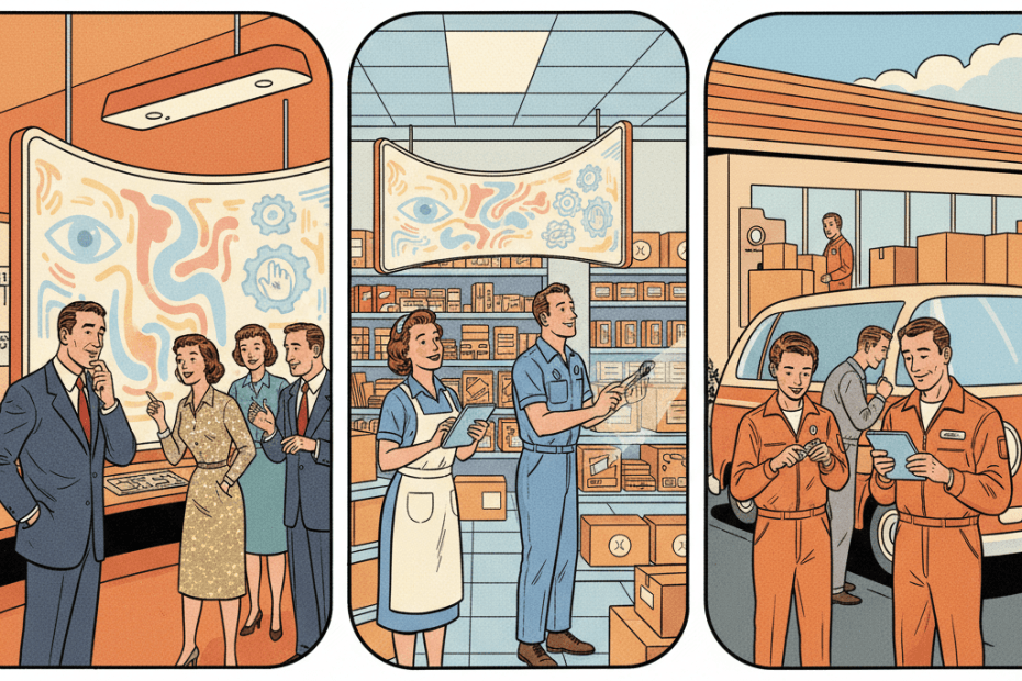 Retro-futurist 1950s-style illustration of office and shift workers looking at a friendly dashboard with privacy controls and a human manager nearby, showing workplace AI oversight in a calm practical way, optimistic comic-book magazine style with no text or readable signage.