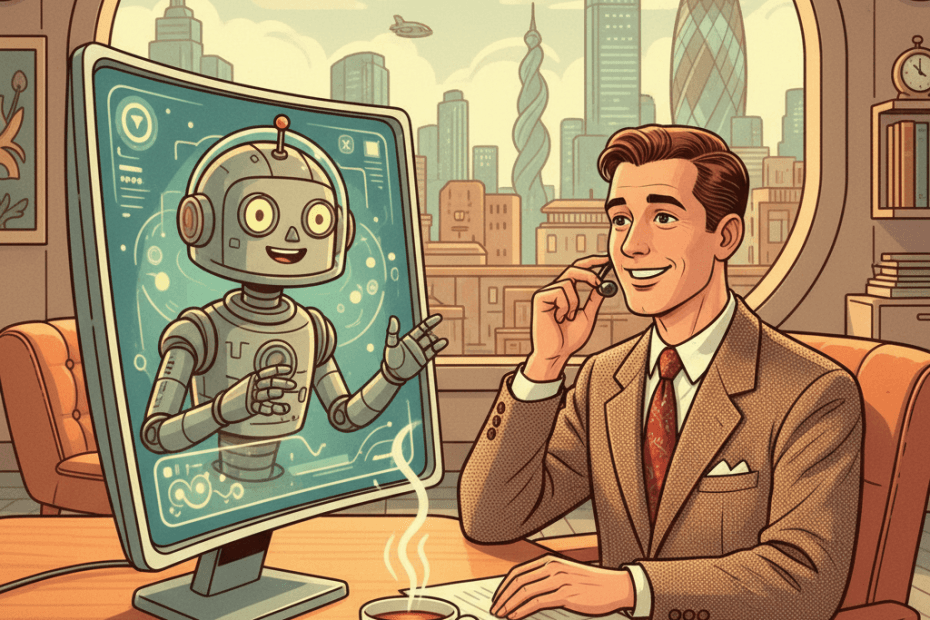 Retro-futurist 1950s-style illustration of a UK job candidate calmly preparing at a desk for a video interview with a friendly robot on a screen, checklist and cup of tea nearby, optimistic comic-book magazine style, no text, no speech bubbles, no captions, no signage.