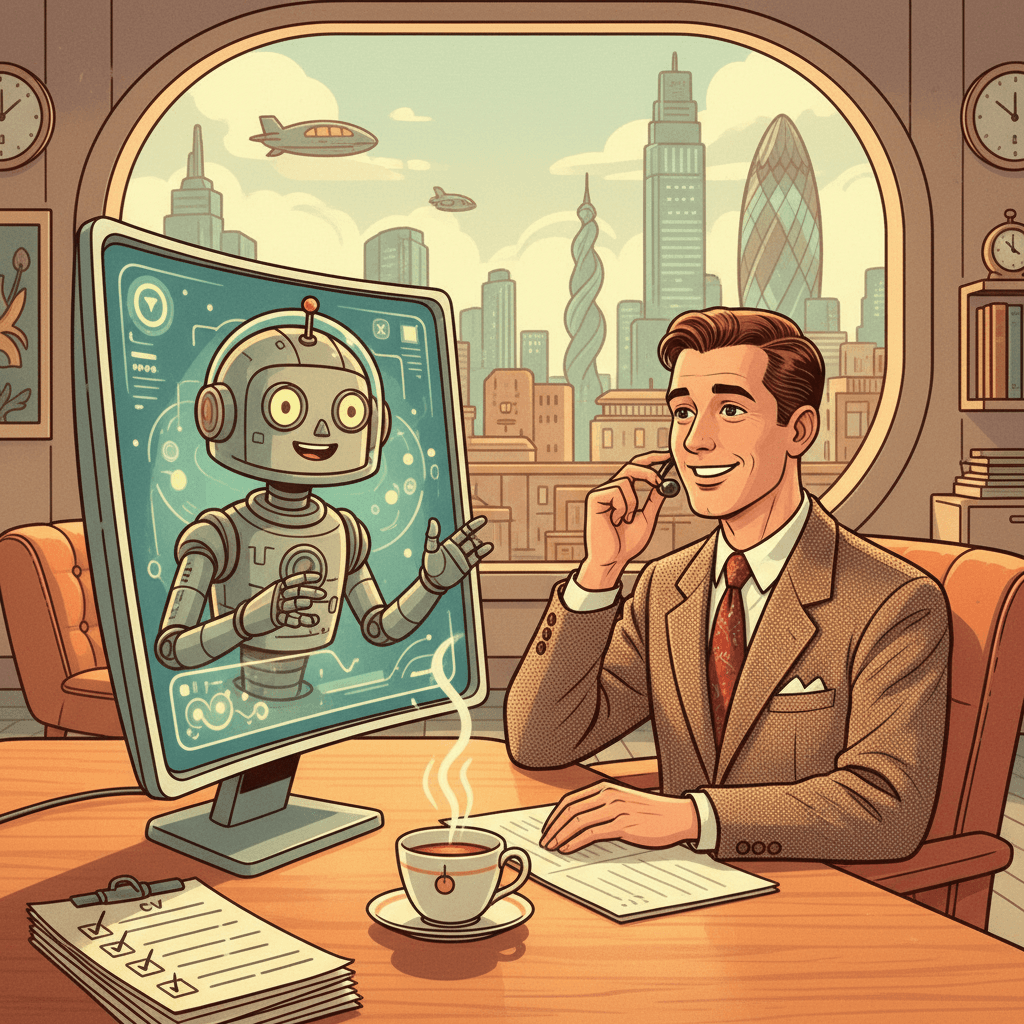 Retro-futurist 1950s-style illustration of a UK job candidate calmly preparing at a desk for a video interview with a friendly robot on a screen, checklist and cup of tea nearby, optimistic comic-book magazine style, no text, no speech bubbles, no captions, no signage.