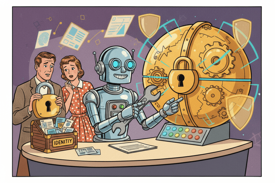 Retro-futurist 1950s-style illustration of a friendly computer help desk robot guarding a social media account vault while a cautious user checks a lock, optimistic comic-book magazine style, no text, captions, signage or speech bubbles.