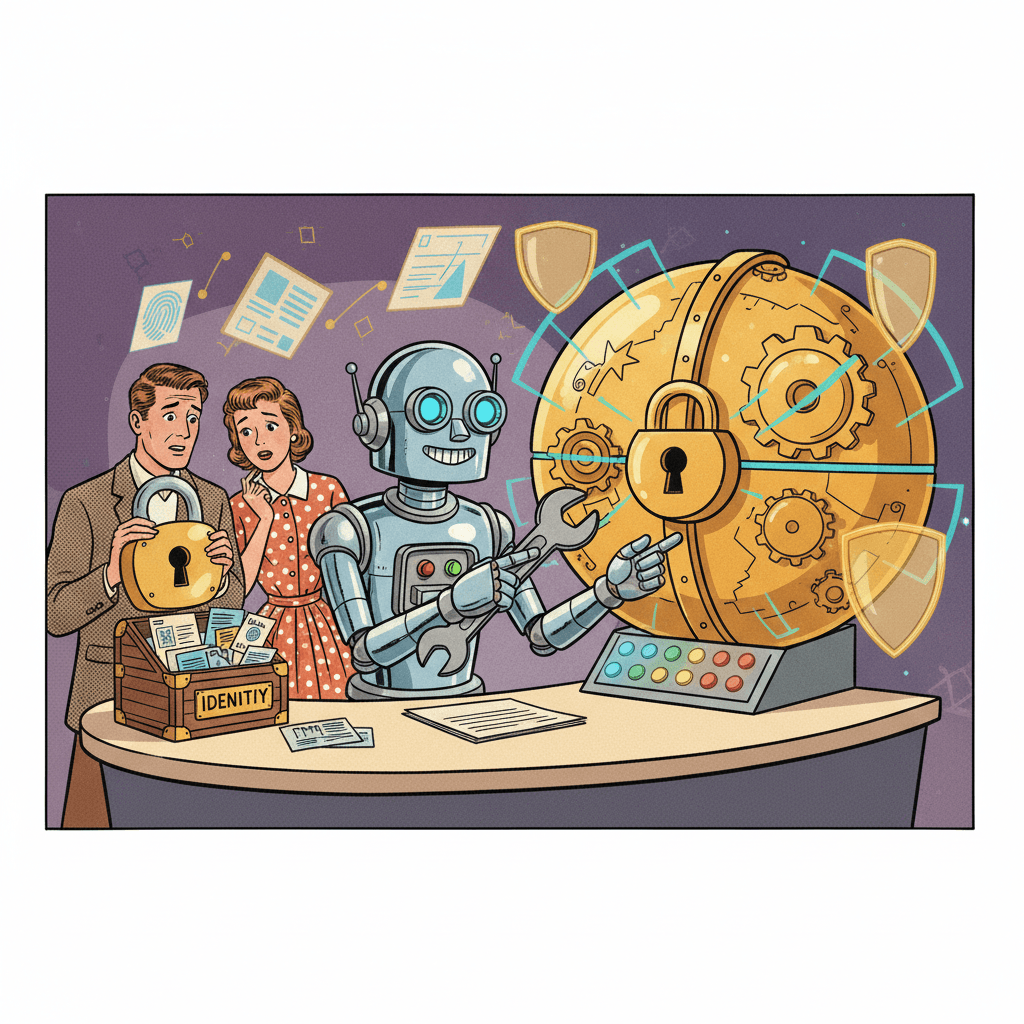 Retro-futurist 1950s-style illustration of a friendly computer help desk robot guarding a social media account vault while a cautious user checks a lock, optimistic comic-book magazine style, no text, captions, signage or speech bubbles.