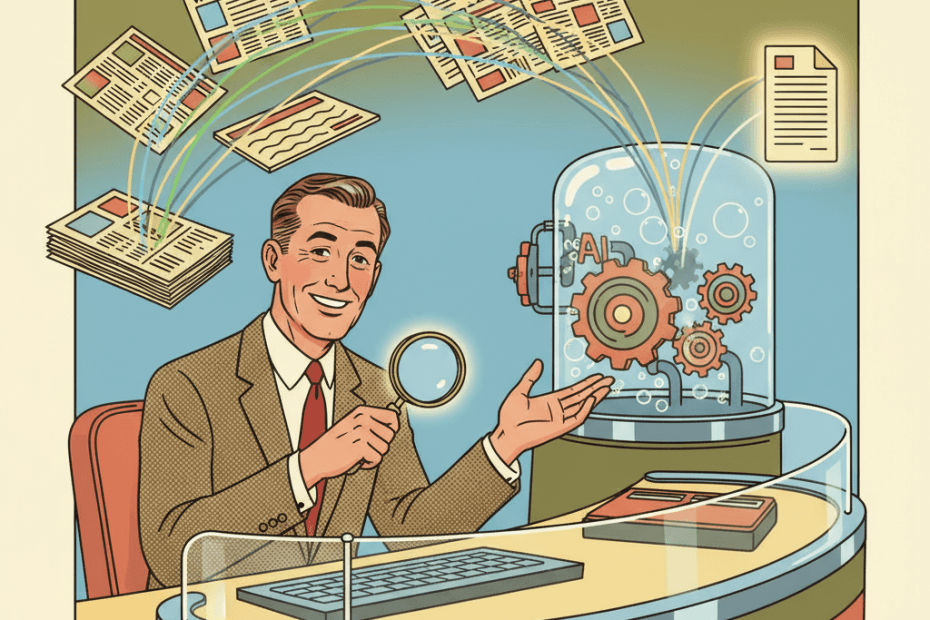 Retro-futurist 1950s-style illustration of an everyday reader looking at a glowing search screen while newspaper pages choose whether to enter an AI machine, optimistic comic-book magazine style, no text, captions, signage or speech bubbles.