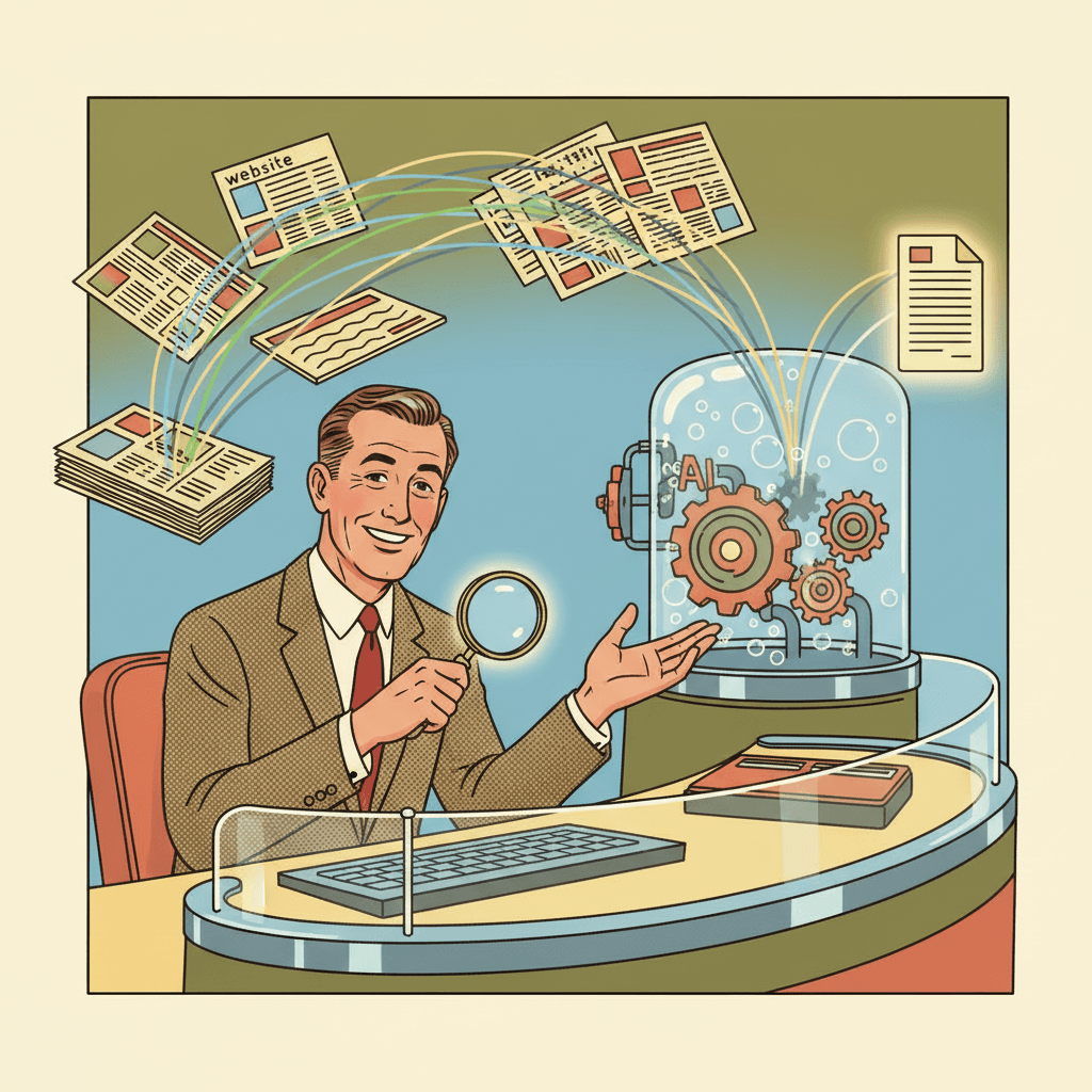 Retro-futurist 1950s-style illustration of an everyday reader looking at a glowing search screen while newspaper pages choose whether to enter an AI machine, optimistic comic-book magazine style, no text, captions, signage or speech bubbles.