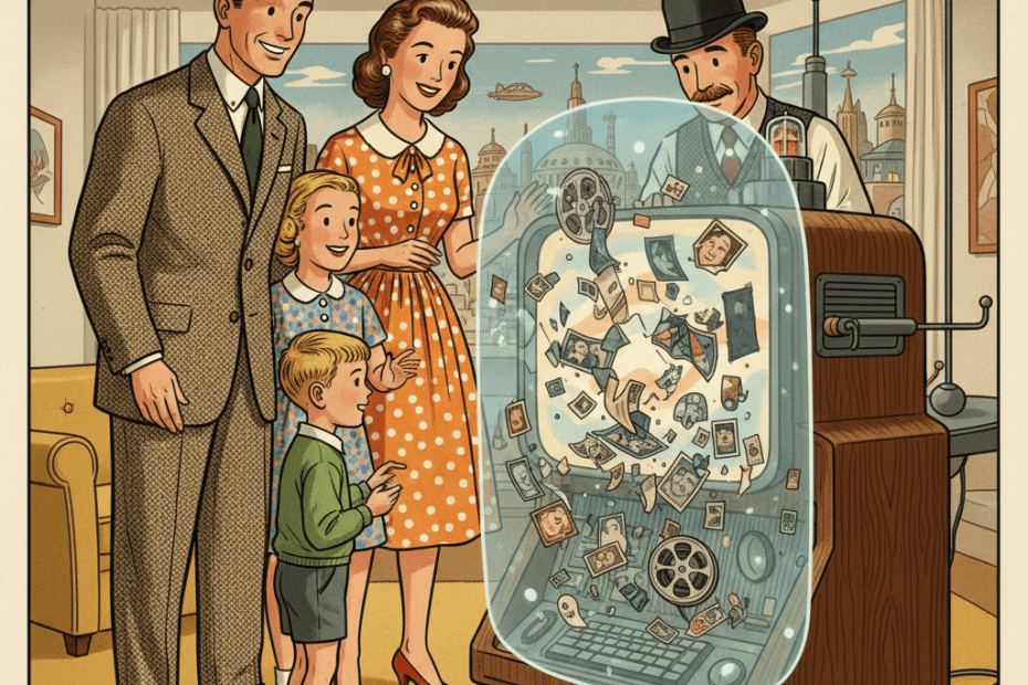 Retro-futurist 1950s-style illustration of a cautious family looking at a glowing home computer while a protective shield blocks distorted photo reels, optimistic comic-book magazine style, no text, captions, signage or speech bubbles.