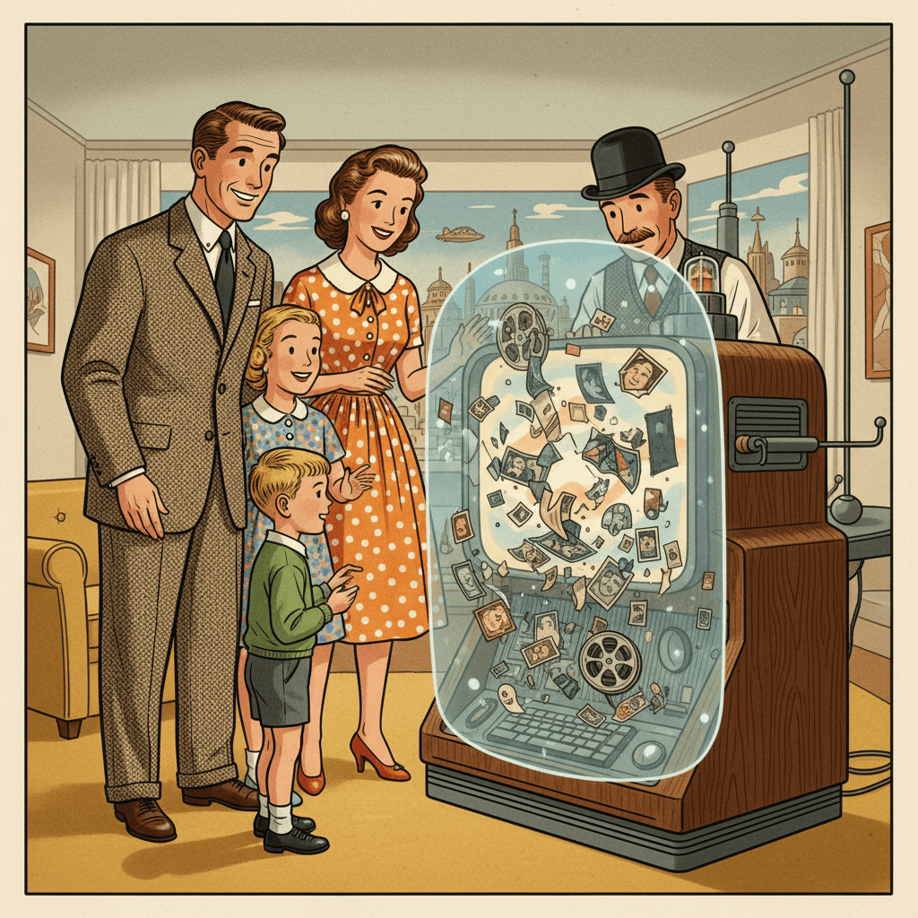 Retro-futurist 1950s-style illustration of a cautious family looking at a glowing home computer while a protective shield blocks distorted photo reels, optimistic comic-book magazine style, no text, captions, signage or speech bubbles.
