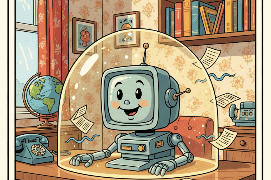 Retro-futurist illustration of a family computer assistant protected by a glowing security shield