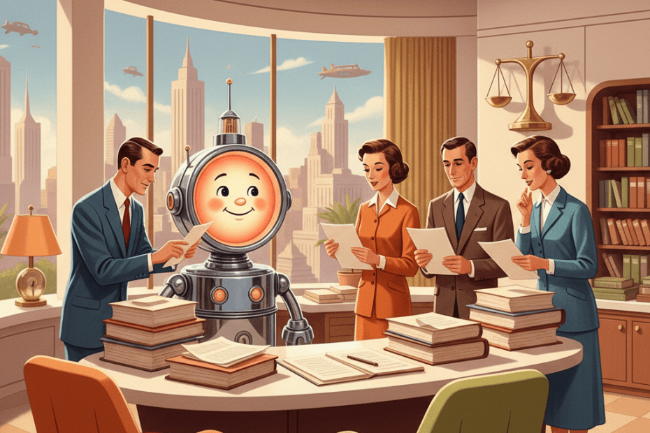 Retro-futurist illustration of court staff using a glowing computer assistant beside paper case files, with no text or signage.