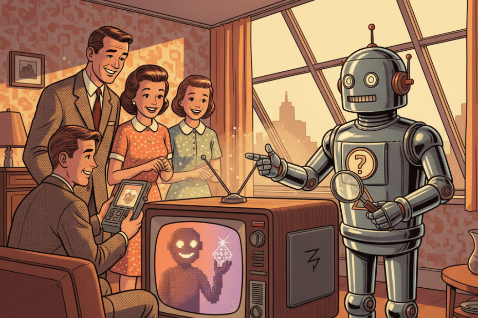 Retro futuristic illustration of a family inspecting a suspicious television screen while a bank-style robot warning light glows nearby