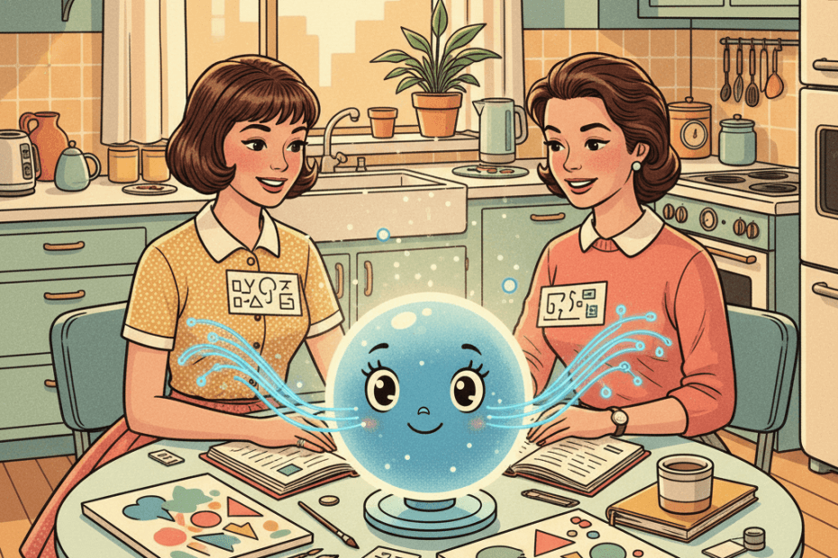 Retro-futurist 1950s-style illustration of a parent and teenager studying together at a kitchen table with a friendly glowing computer helper, school books and creative art supplies nearby, optimistic comic-book magazine style, no text, captions, signage or speech bubbles.