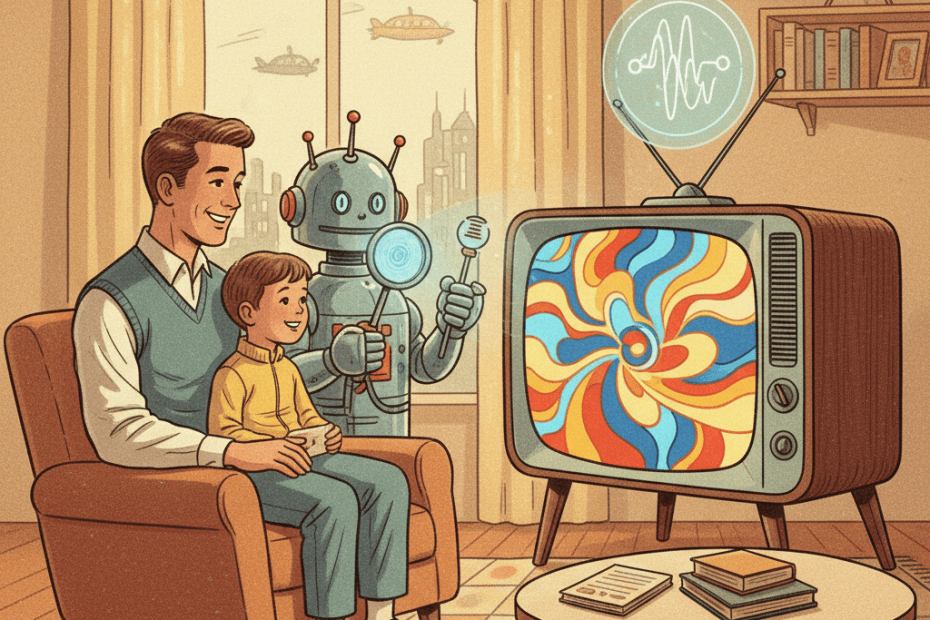 Retro-futurist 1950s-style illustration of a parent and child watching a glowing television while a friendly robot uses simple instruments to study colourful moving pictures, optimistic comic-book magazine style, no text, captions, signage or speech bubbles.