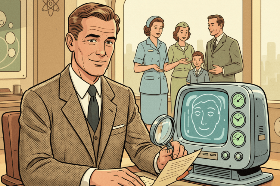 Retro-futurist 1950s-style illustration of a border office desk where a careful human official reviews papers beside a friendly computer showing an abstract face outline, with concerned community helpers nearby, optimistic comic-book style, no text, captions, signage or speech bubbles.