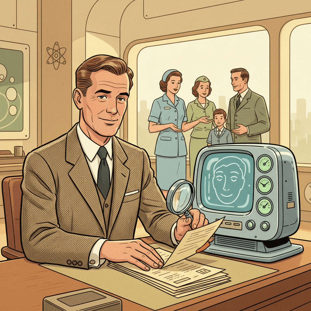 Retro-futurist 1950s-style illustration of a border office desk where a careful human official reviews papers beside a friendly computer showing an abstract face outline, with concerned community helpers nearby, optimistic comic-book style, no text, captions, signage or speech bubbles.